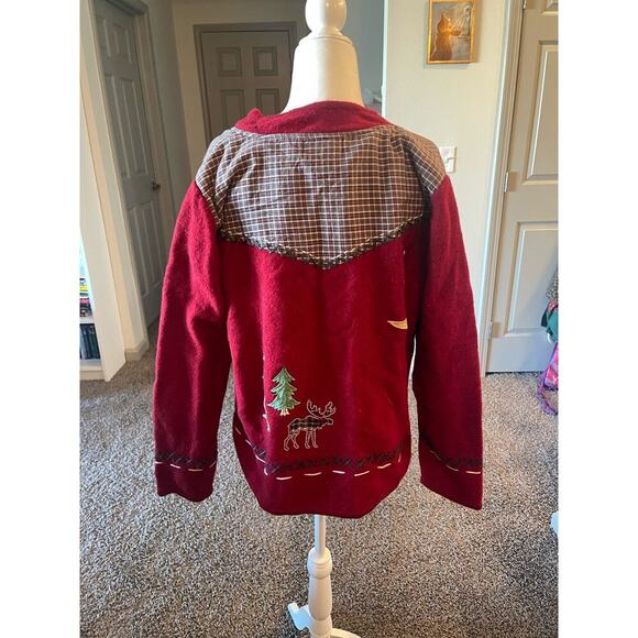 Vintage Coldwater Creek Red Wool Christmas Patchwork Moose Sweater Jacketo - Picture 3 of 8